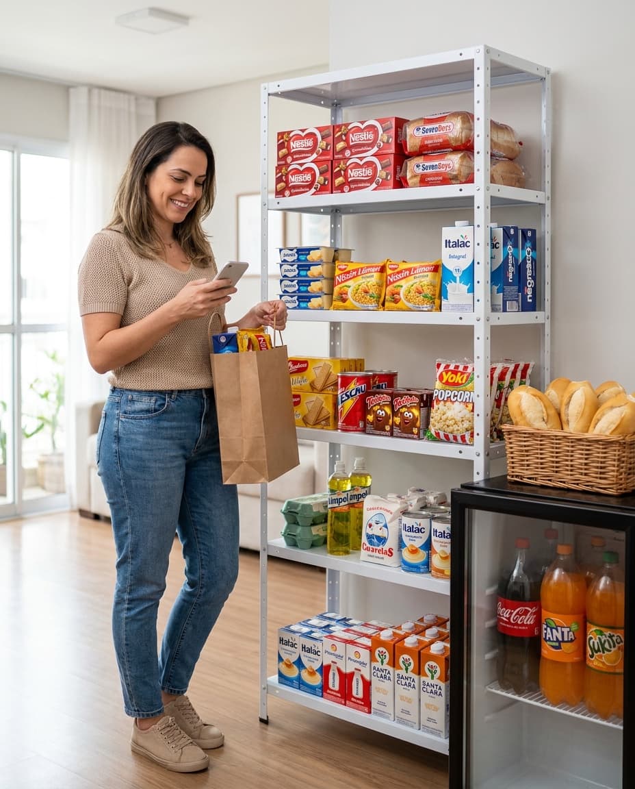 Vendedora HomeMarket separando um pedido no mercadinho montado em casa, com prateleira de produtos e geladeira de bebidas
